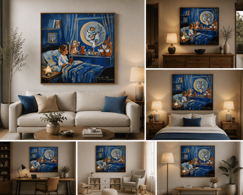 Au clair de la lune, tableau original de Svitlana Loguinoff Gryshko représentant un enfant et ses amis animaux dans une scène féerique sous la lumière de la lune.