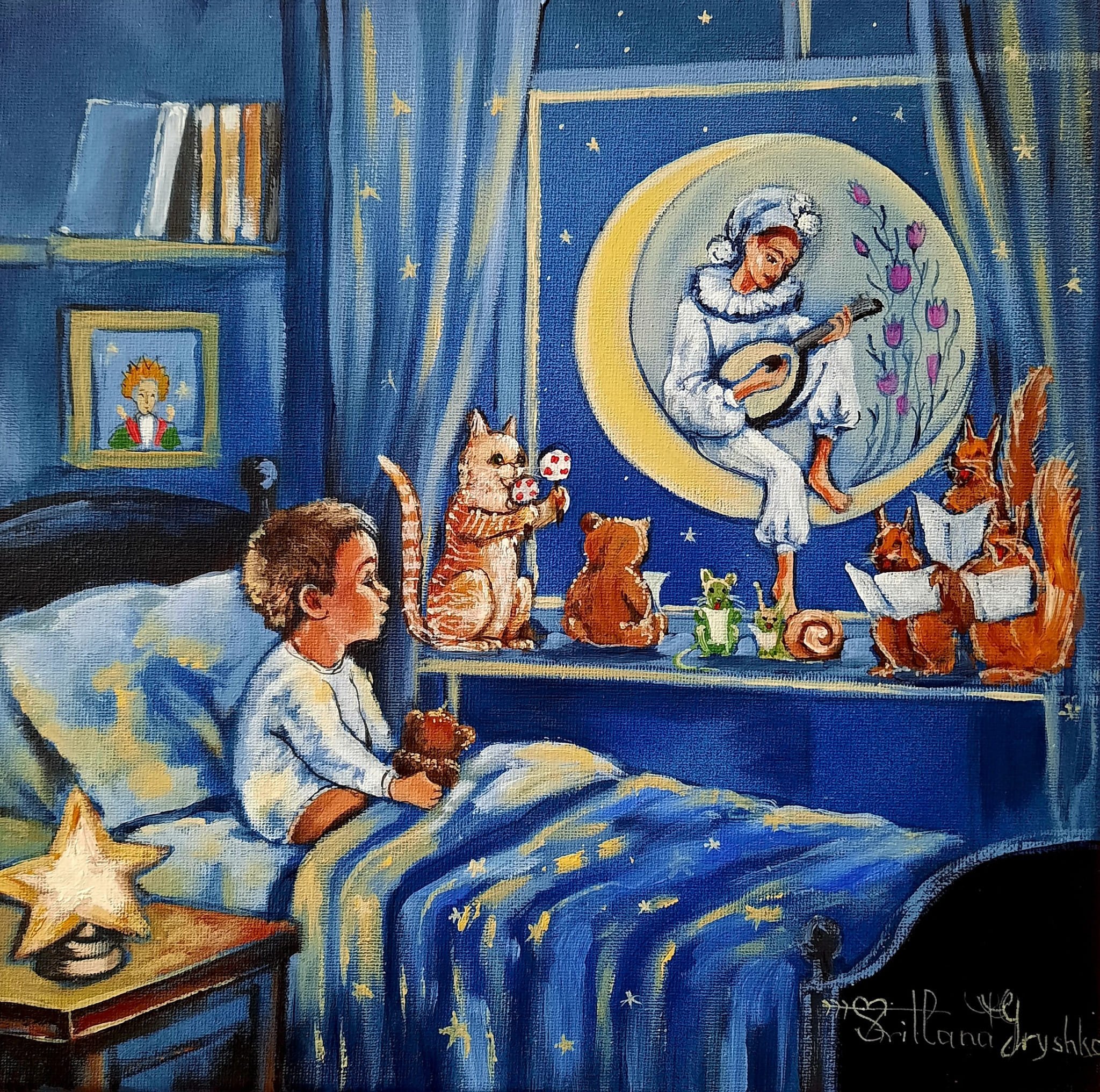 Au clair de la lune, tableau original de Svitlana Loguinoff Gryshko représentant un enfant et ses amis animaux dans une scène féerique sous la lumière de la lune