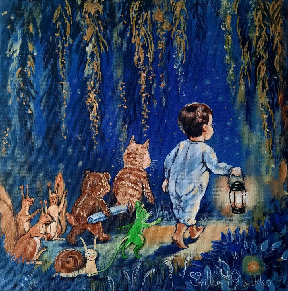 La forêt magique, tableau original de Svitlana Loguinoff Gryshko représentant un enfant et ses compagnons dans une aventure féerique au cœur d'une forêt enchantée.