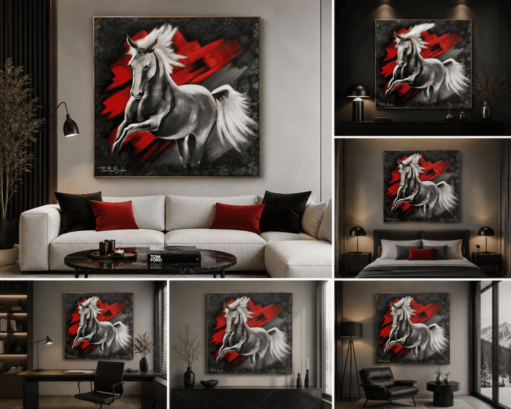 Tableau "Le Cheval rouge" de Svitlana Loguinoff Gryshko représentant un cheval gris au galop devant un fond rouge intense, réalisé à l'acrylique avec matière et sable, symbole de liberté et de puissance.