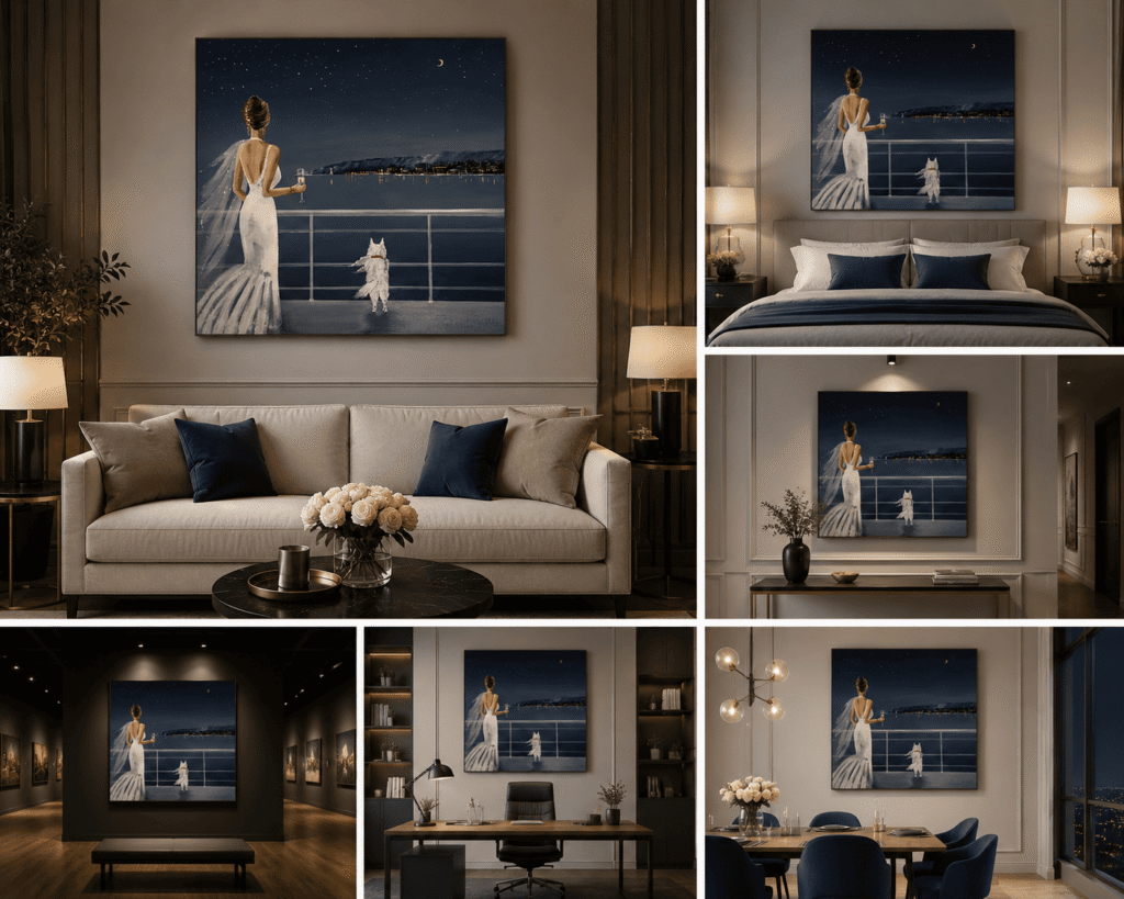 La Croisière – peinture originale de Svitlana Loguinoff Gryshko représentant une élégante femme en robe blanche contemplant la mer depuis le pont d'un navire avec son petit chien sous un ciel étoilé.