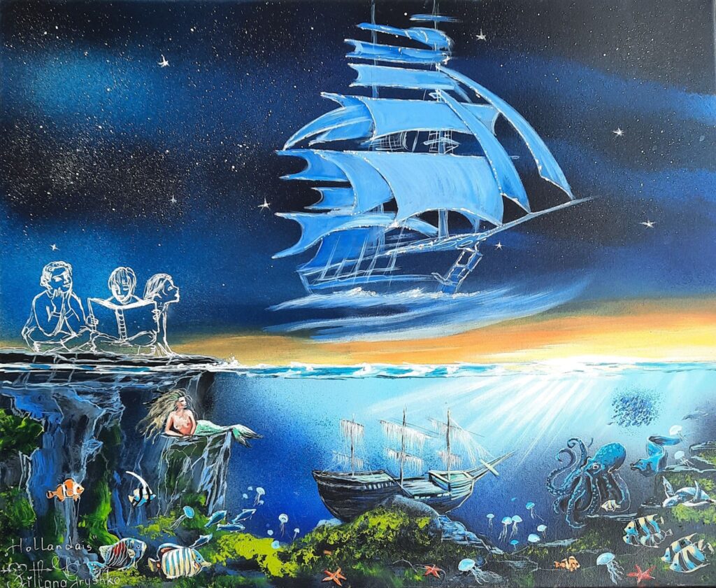 Le Hollandais volant, tableau original de Svitlana Loguinoff Gryshko représentant un navire fantôme, une épave sous-marine, une sirène, des poissons et des enfants lisant une légende au bord d'une falaise.