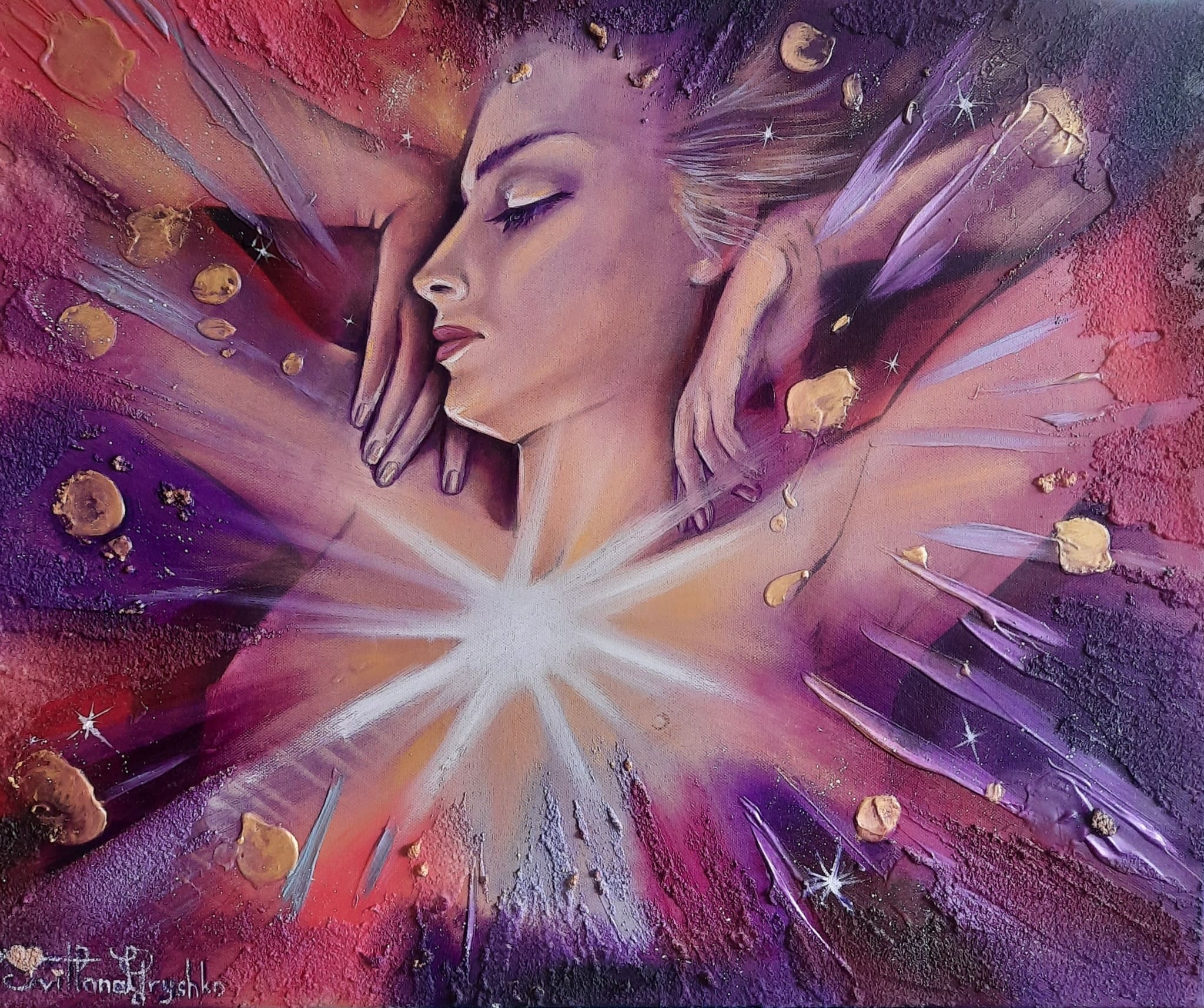 Tableau "L'Illumination" de Svitlana Loguinoff Gryshko représentant une femme aux yeux fermés entourée d'une lumière éclatante, symbole de l'énergie intérieure, de la spiritualité et de l'éveil.