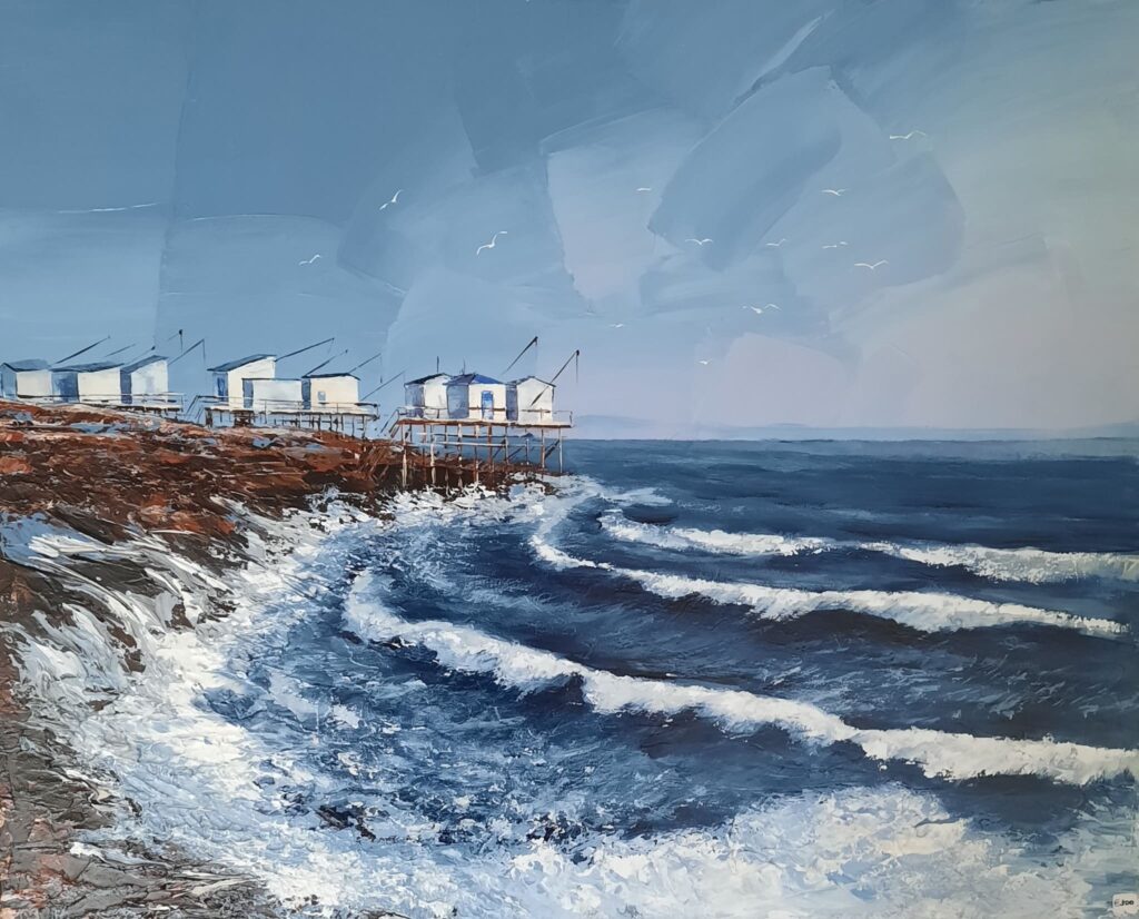 Tableau Les Carrelets de Svitlana Loguinoff Gryshko représentant les pêcheries sur pilotis de Meschers-sur-Gironde, les vagues de l'océan Atlantique et un paysage marin de Charente-Maritime.