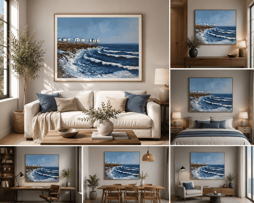 Tableau Les Carrelets de Svitlana Loguinoff Gryshko représentant les pêcheries sur pilotis de Meschers-sur-Gironde, les vagues de l'océan Atlantique et un paysage marin de Charente-Maritime.