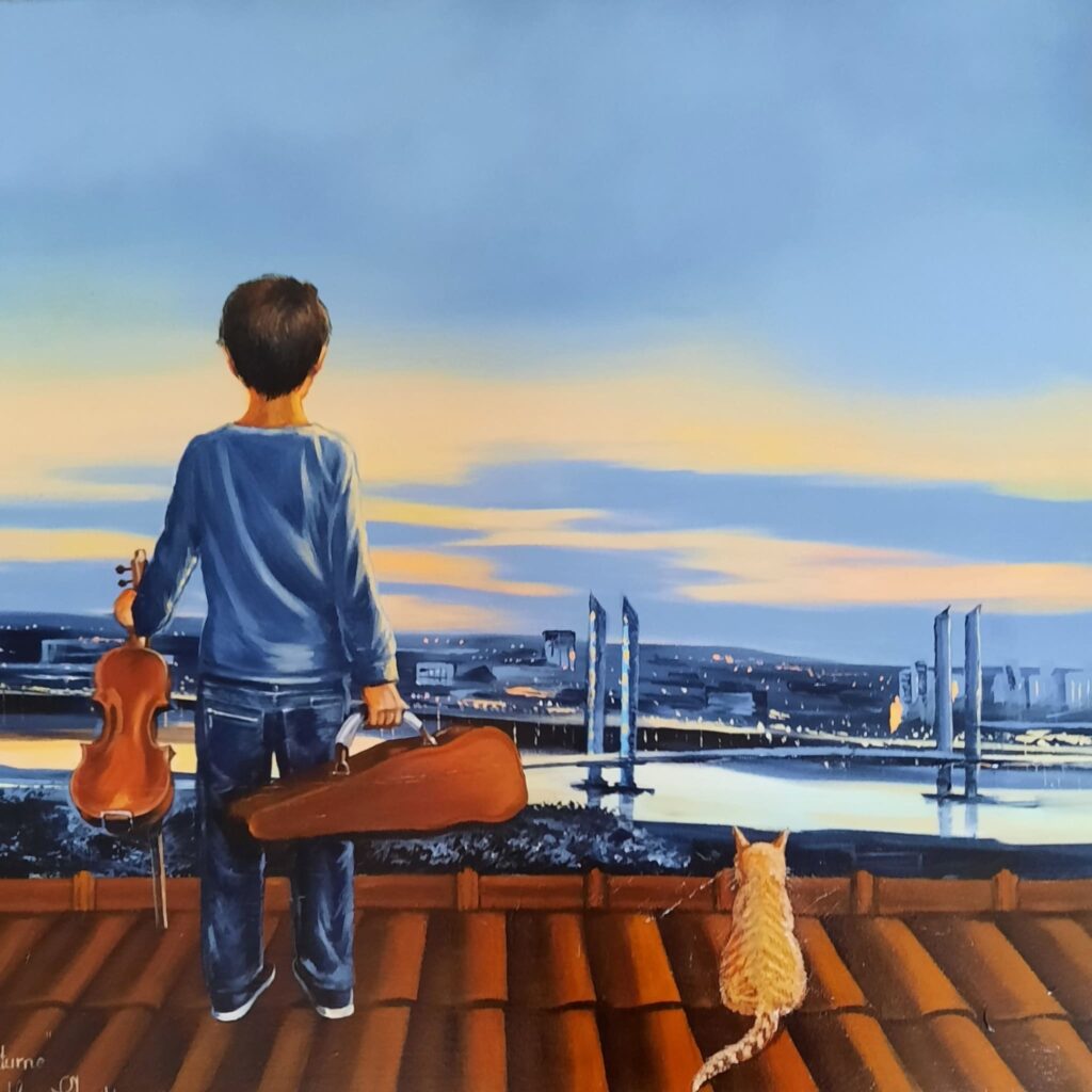 Tableau original de Svitlana Loguinoff Gryshko représentant un jeune violoniste contemplant Bordeaux et le pont Jacques Chaban-Delmas au coucher du soleil avec son chat.