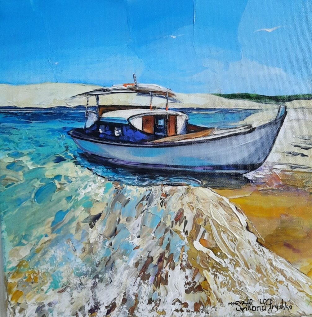 Tableau original « La pinasse bleue et la dune du Pilat » de Svitlana Loguinoff Gryshko représentant une pinasse traditionnelle sur le Bassin d'Arcachon face à la dune du Pilat.