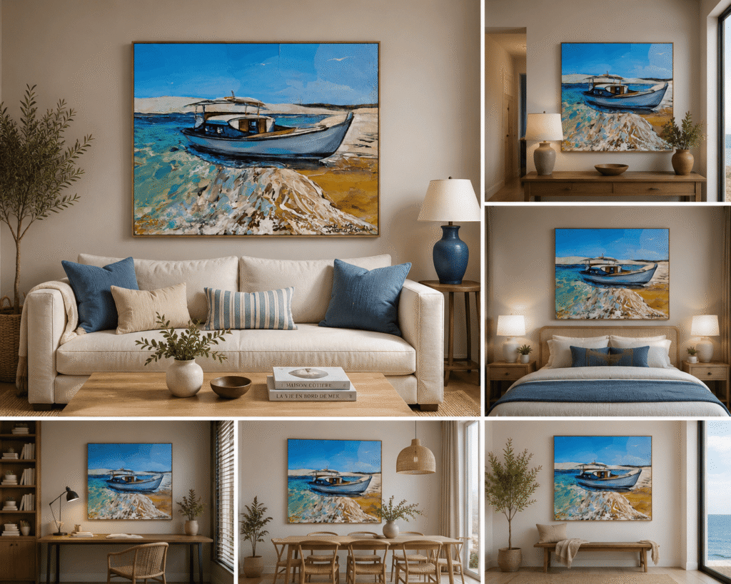 Tableau original « La pinasse bleue et la dune du Pilat » de Svitlana Loguinoff Gryshko représentant une pinasse traditionnelle sur le Bassin d'Arcachon face à la dune du Pilat.
