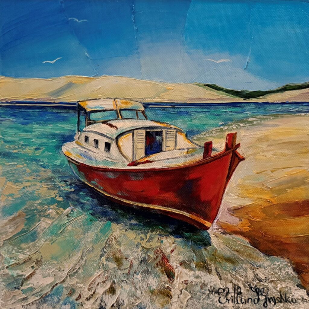 La pinasse rouge – tableau original de Svitlana Loguinoff Gryshko représentant une pinasse traditionnelle sur le Bassin d’Arcachon devant la Dune du Pilat, peinture contemporaine à l’acrylique riche en matière.