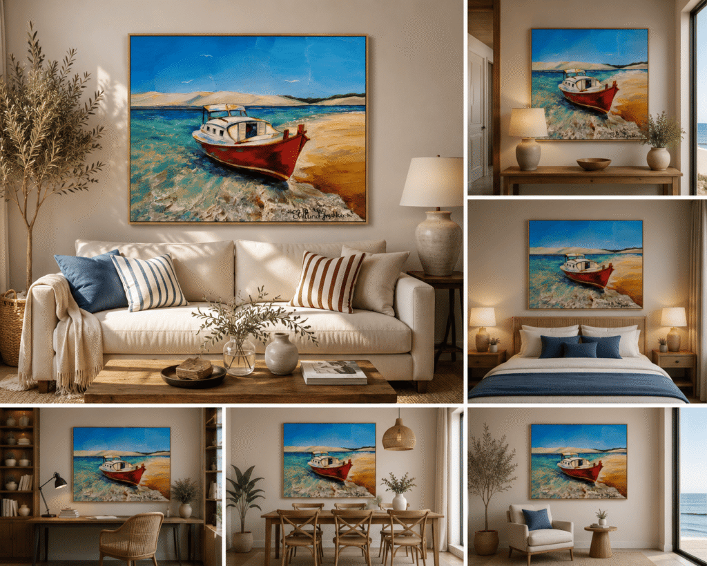 La pinasse rouge – tableau original de Svitlana Loguinoff Gryshko représentant une pinasse traditionnelle sur le Bassin d’Arcachon devant la Dune du Pilat, peinture contemporaine à l’acrylique riche en matière.