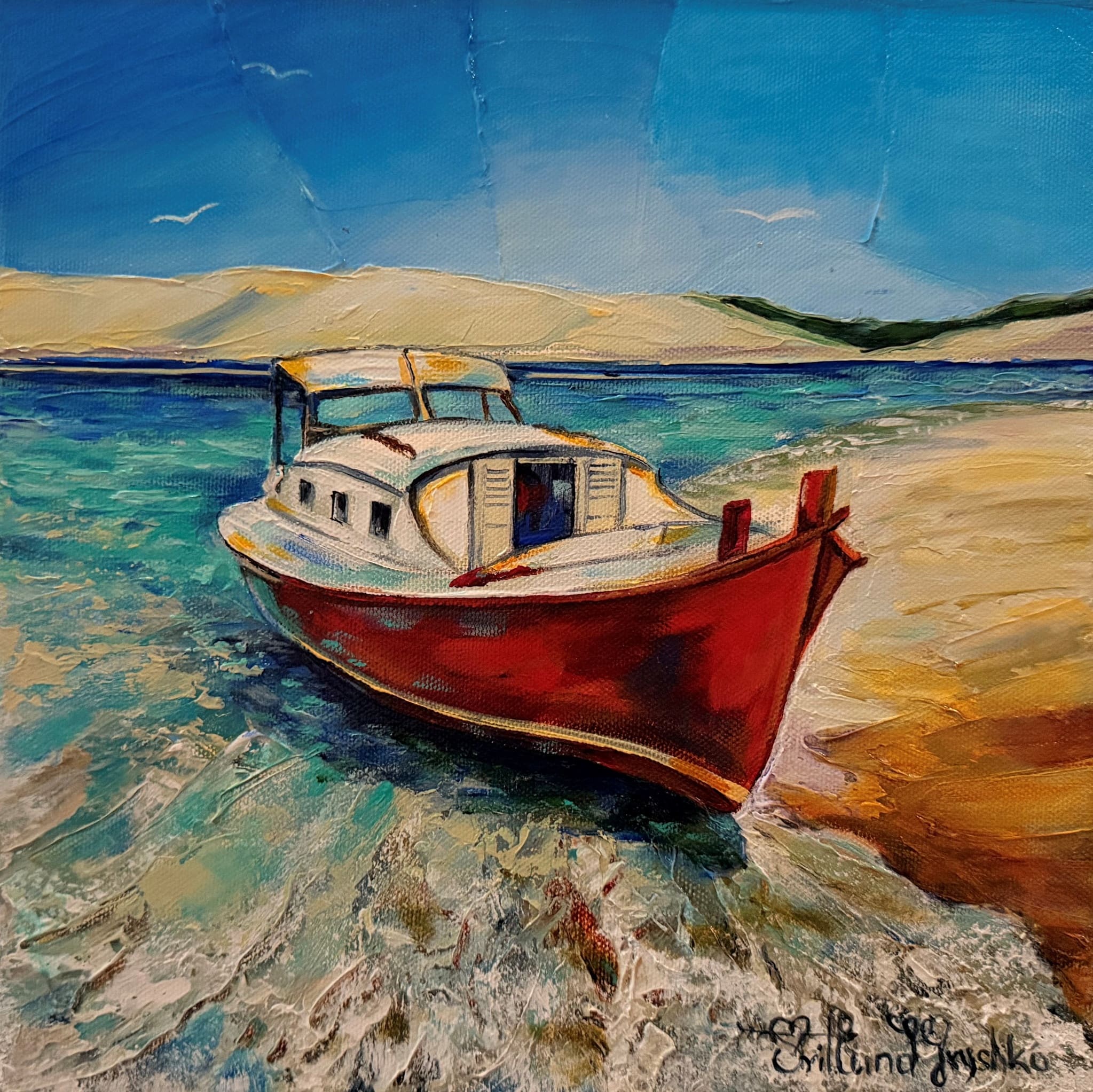 La pinasse rouge – tableau original de Svitlana Loguinoff Gryshko représentant une pinasse traditionnelle sur le Bassin d’Arcachon devant la Dune du Pilat, peinture contemporaine à l’acrylique riche en matière.