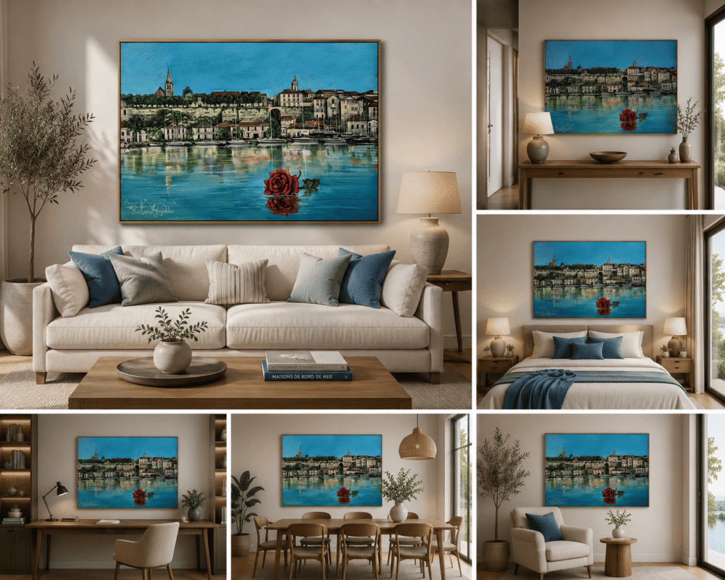 Amour à Bourg-sur-Gironde – tableau original de Svitlana Loguinoff Gryshko représentant le port de Bourg-sur-Gironde, l’estuaire de la Gironde et une rose rouge flottant sur l’eau, symbole d’amour et de romantisme.