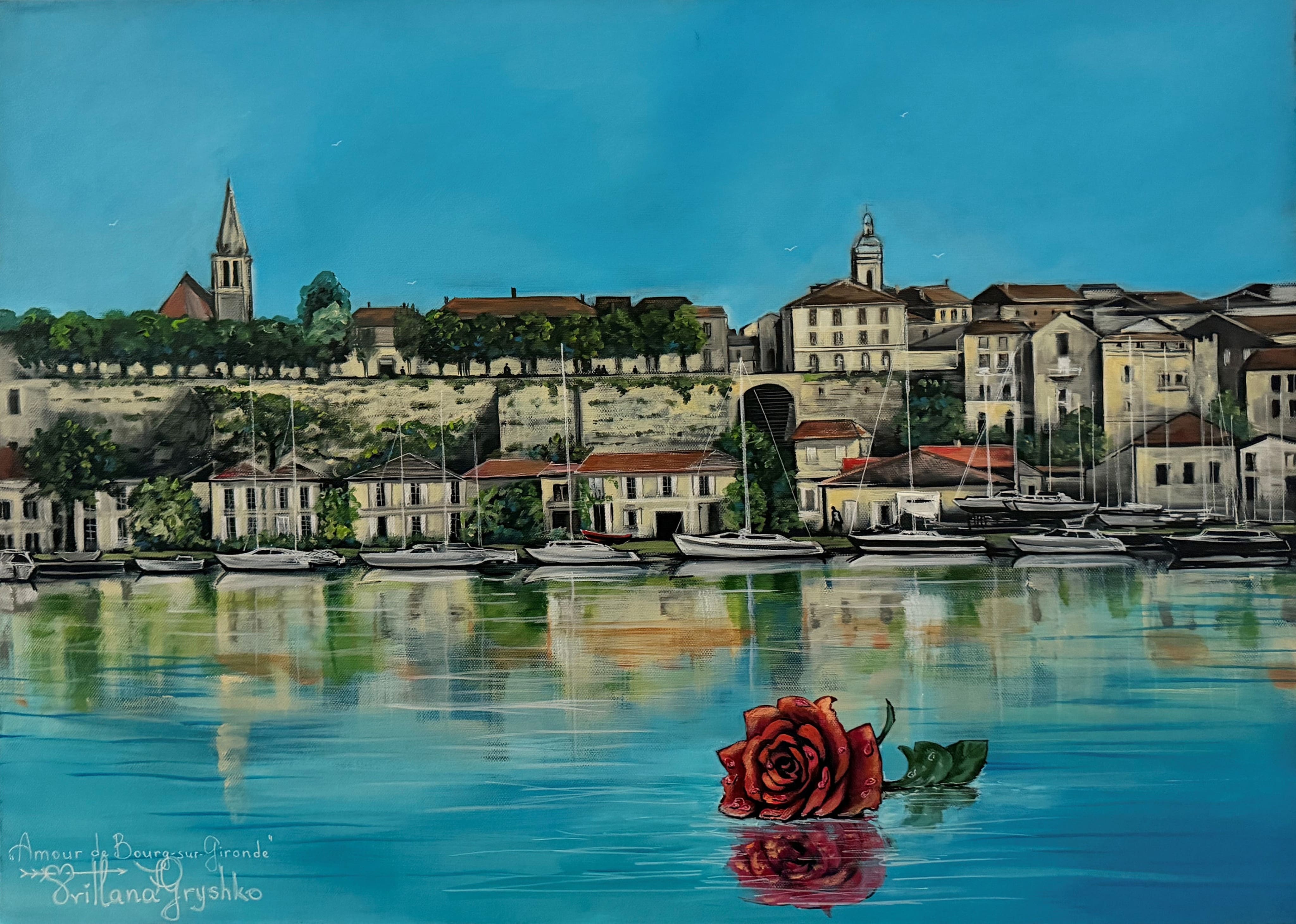 Amour à Bourg-sur-Gironde – tableau original de Svitlana Loguinoff Gryshko représentant le port de Bourg-sur-Gironde, l’estuaire de la Gironde et une rose rouge flottant sur l’eau, symbole d’amour et de romantisme.