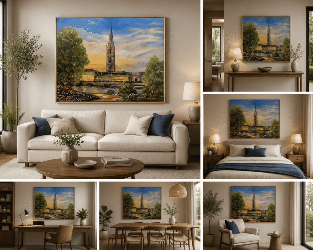 Bordeaux La vie en fleurs – peinture originale de Svitlana Loguinoff Gryshko représentant la flèche Saint-Michel au coucher du soleil, entourée de jardins fleuris et des reflets de la Garonne.