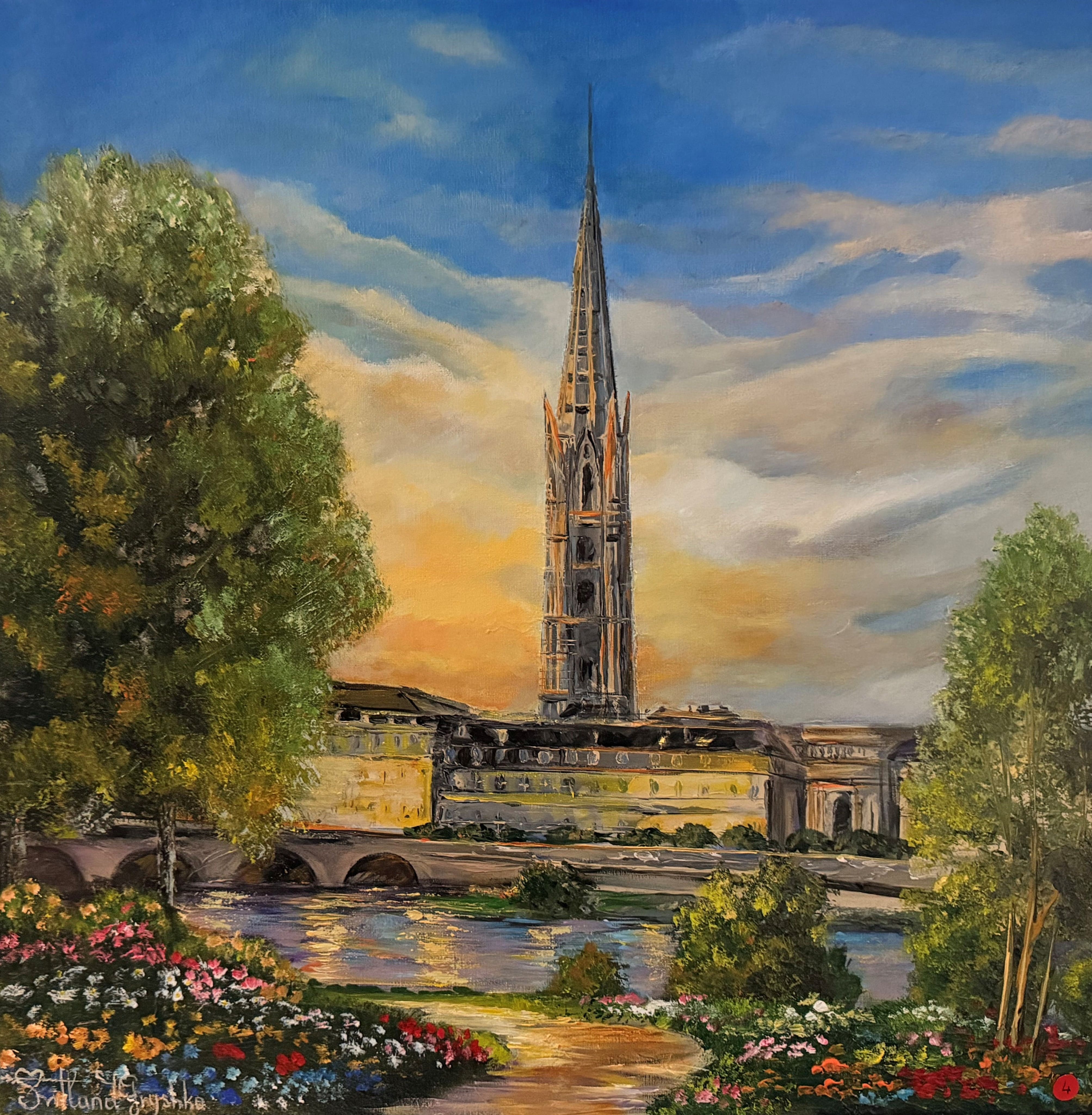 Bordeaux La vie en fleurs – peinture originale de Svitlana Loguinoff Gryshko représentant la flèche Saint-Michel au coucher du soleil, entourée de jardins fleuris et des reflets de la Garonne.