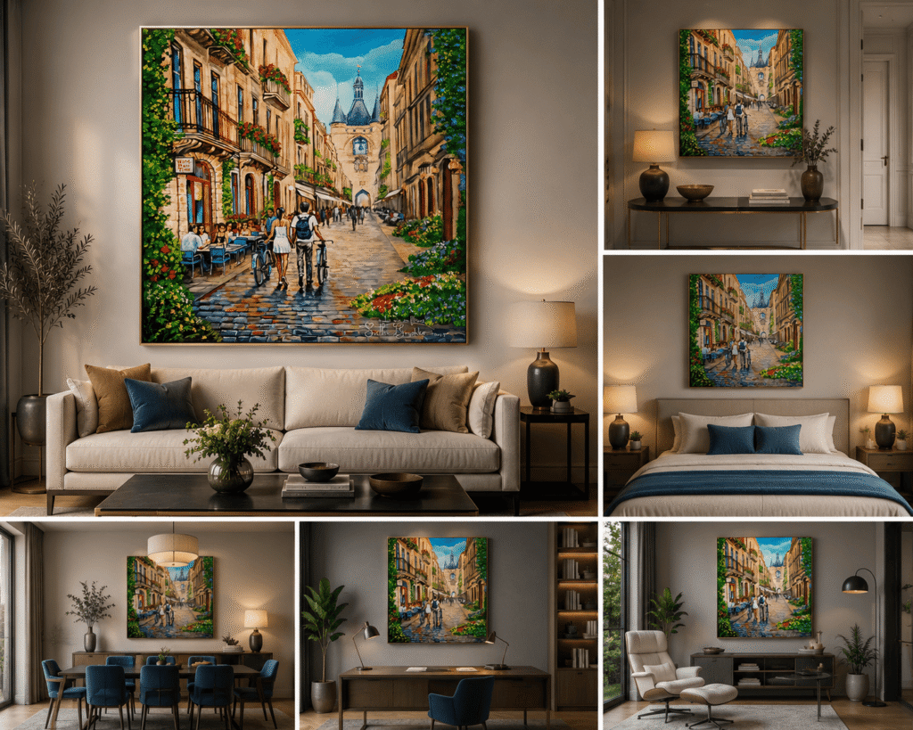 Bordeaux La vie en fleurs – peinture originale de Svitlana Loguinoff Gryshko représentant La Grosse Cloche de Bordeaux, une rue pavée animée, un couple avec des vélos, des terrasses de café et des jardins fleuris.