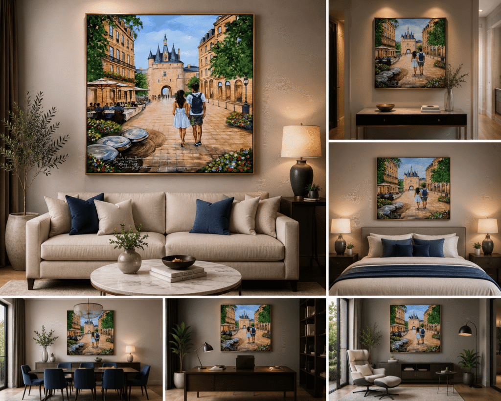 Bordeaux La vie en fleurs – peinture originale de Svitlana Loguinoff Gryshko représentant la Porte Cailhau, un couple en promenade, les terrasses de café et les jardins fleuris du centre historique de Bordeaux.