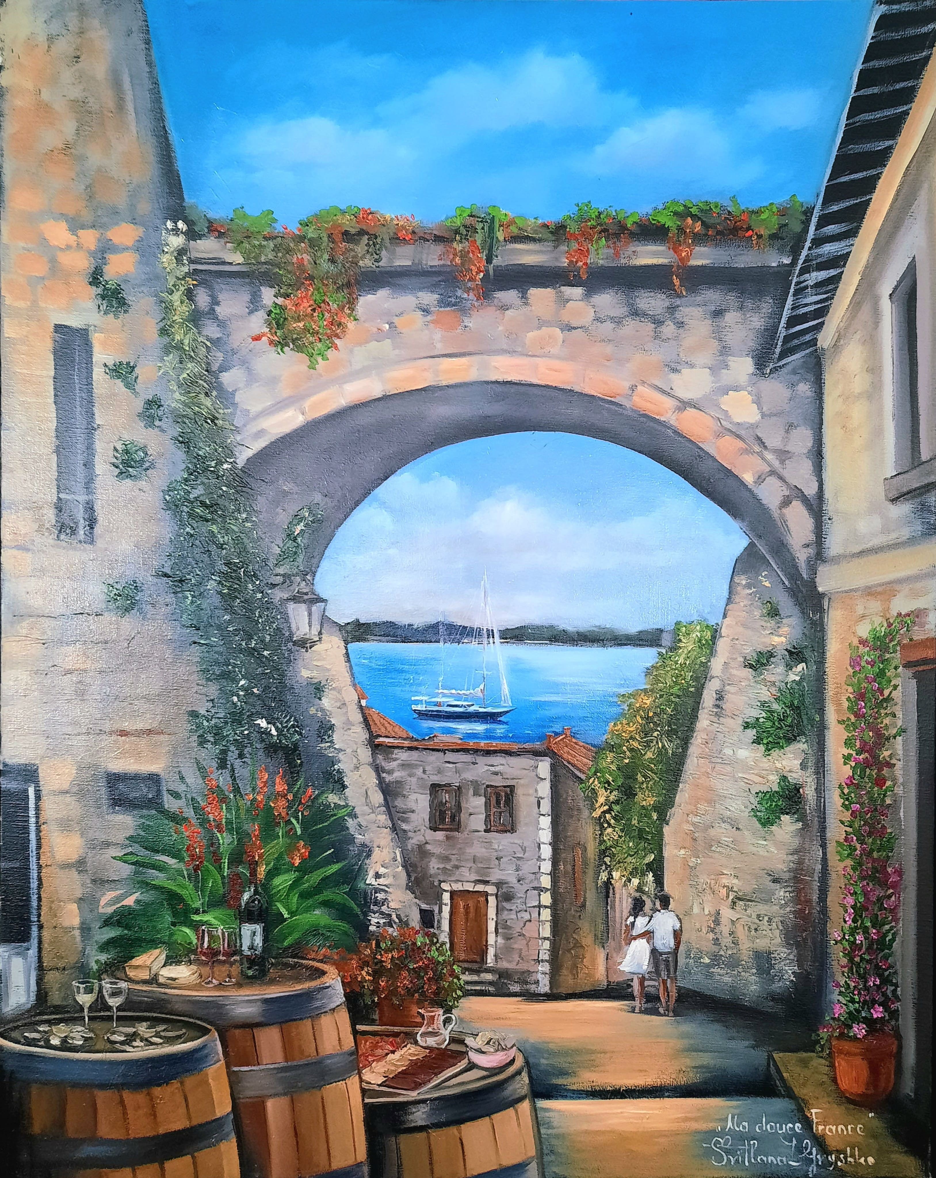 Bourg-sur-Gironde – Rue de la Gouttière – tableau original de Svitlana Loguinoff Gryshko représentant une ruelle historique de Bourg-sur-Gironde, un pont en pierre, des tonneaux de vin, un couple romantique et un voilier sur l’estuaire de la Gironde.