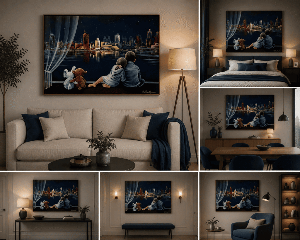 C'est magnifique, tableau original de Svitlana Loguinoff Gryshko représentant deux enfants et leurs peluches contemplant une ville illuminée à travers une fenêtre sous un ciel étoilé.