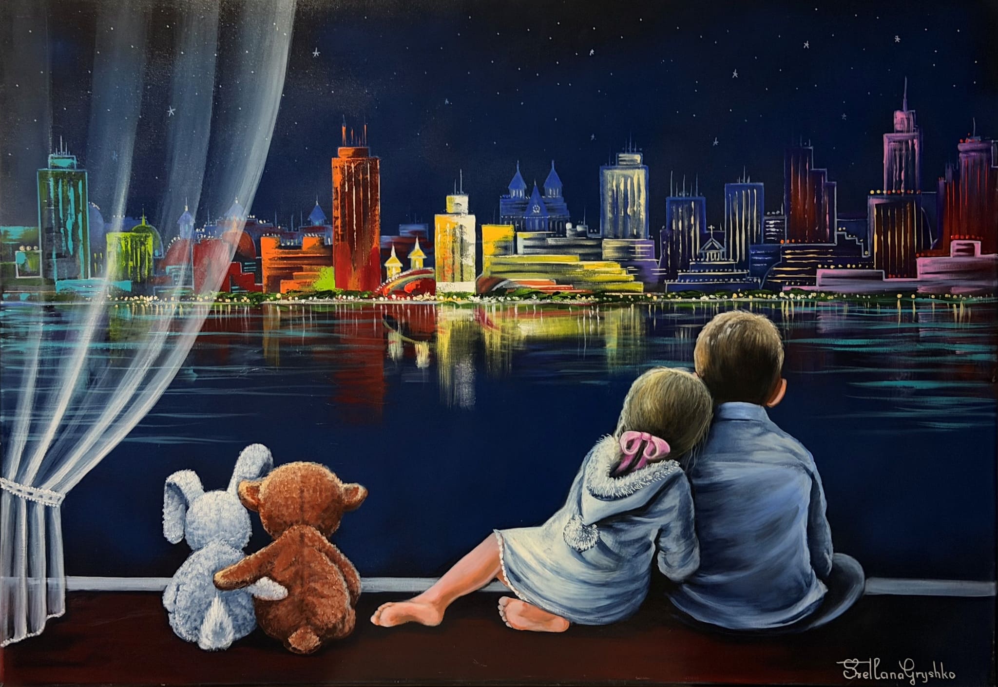 C'est magnifique, tableau original de Svitlana Loguinoff Gryshko représentant deux enfants et leurs peluches contemplant une ville illuminée à travers une fenêtre sous un ciel étoilé.