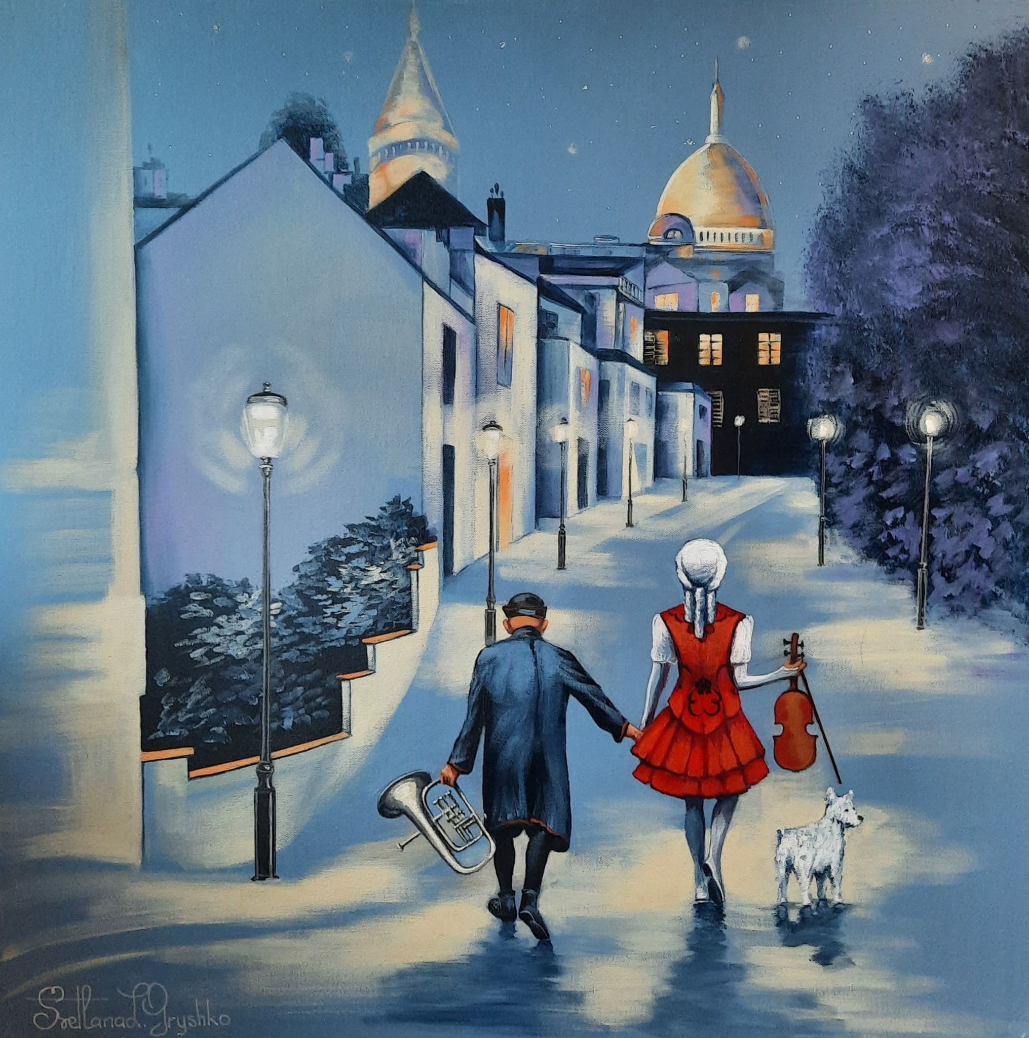Sur les collines de Montmartre, tableau original de Svitlana Loguinoff Gryshko représentant deux musiciens marchant main dans la main dans une rue enneigée de Montmartre avec le Sacré-Cœur en arrière-plan.