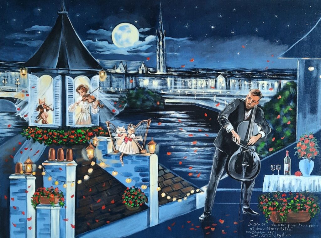 Un concert pour deux cœurs et trois queues, tableau original de Svitlana Loguinoff Gryshko représentant un violoncelliste et une violoniste jouant sur les toits de Bordeaux sous la pleine lune, accompagnés de chats musiciens.