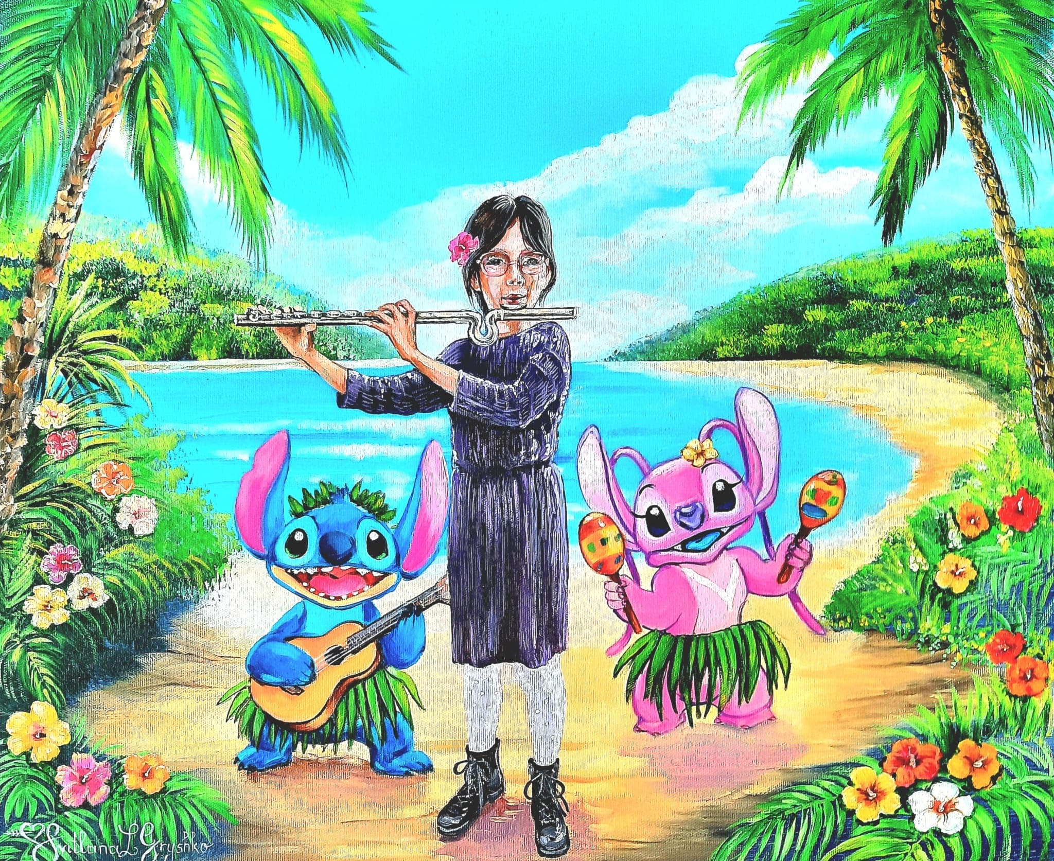 Un concert sur les îles de Hawaï, tableau original de Svitlana Loguinoff Gryshko représentant une jeune flûtiste entourée de Stitch et Angel sur une plage tropicale au cœur d'un paysage hawaïen.