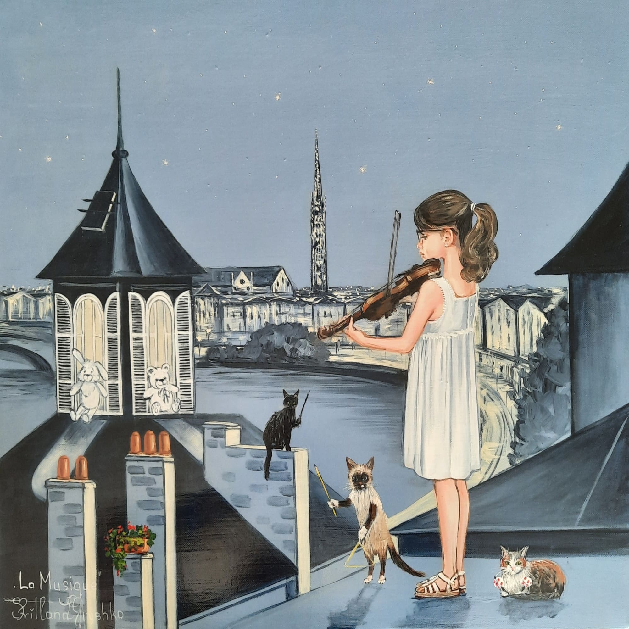 Un concert pour un violon et trois queues, tableau original de Svitlana Loguinoff Gryshko représentant une jeune violoniste jouant sur les toits de Bordeaux devant trois chats sous un ciel étoilé