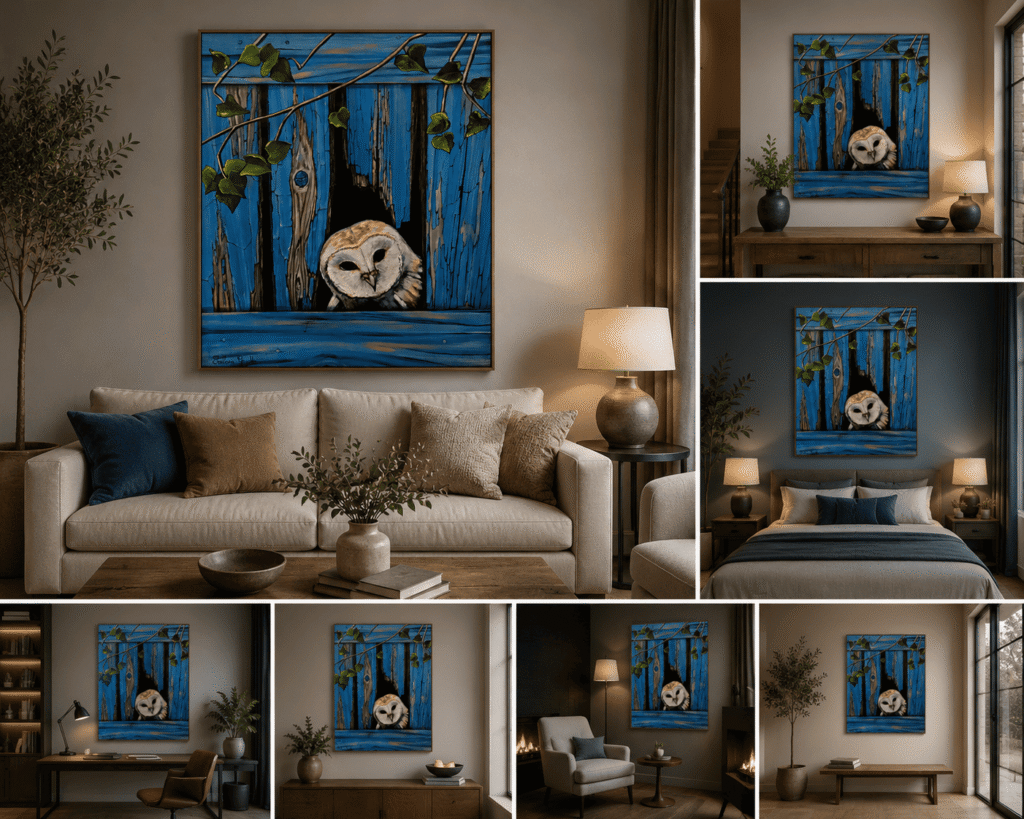 Tableau Coucou, qui est là ? de Svitlana Loguinoff Gryshko représentant une chouette observant à travers une vieille cabane en bois bleu entourée de lierre.