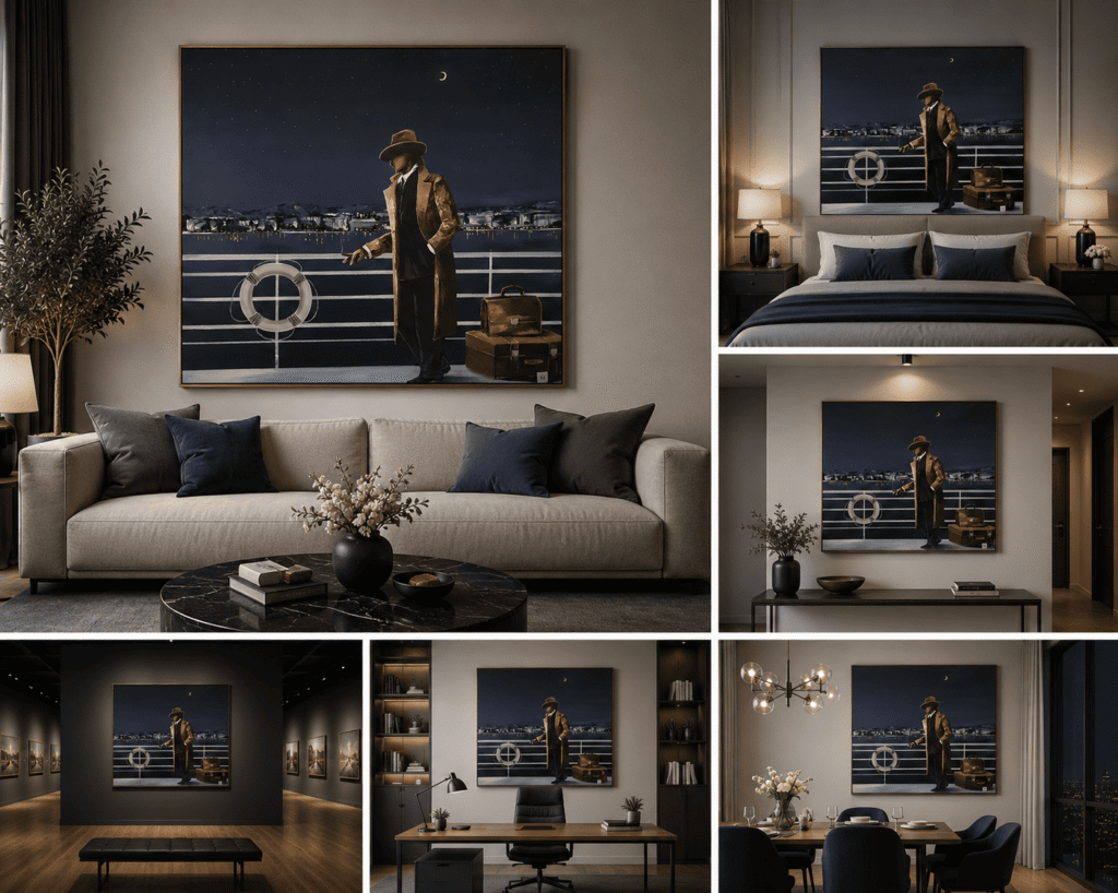 La Croisière – Homme – peinture originale de Svitlana Loguinoff Gryshko représentant un voyageur solitaire sur le pont d'un paquebot de nuit contemplant l'horizon et la mer sous les étoiles.