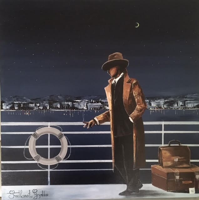 La Croisière – Homme – peinture originale de Svitlana Loguinoff Gryshko représentant un voyageur solitaire sur le pont d'un paquebot de nuit contemplant l'horizon et la mer sous les étoiles.