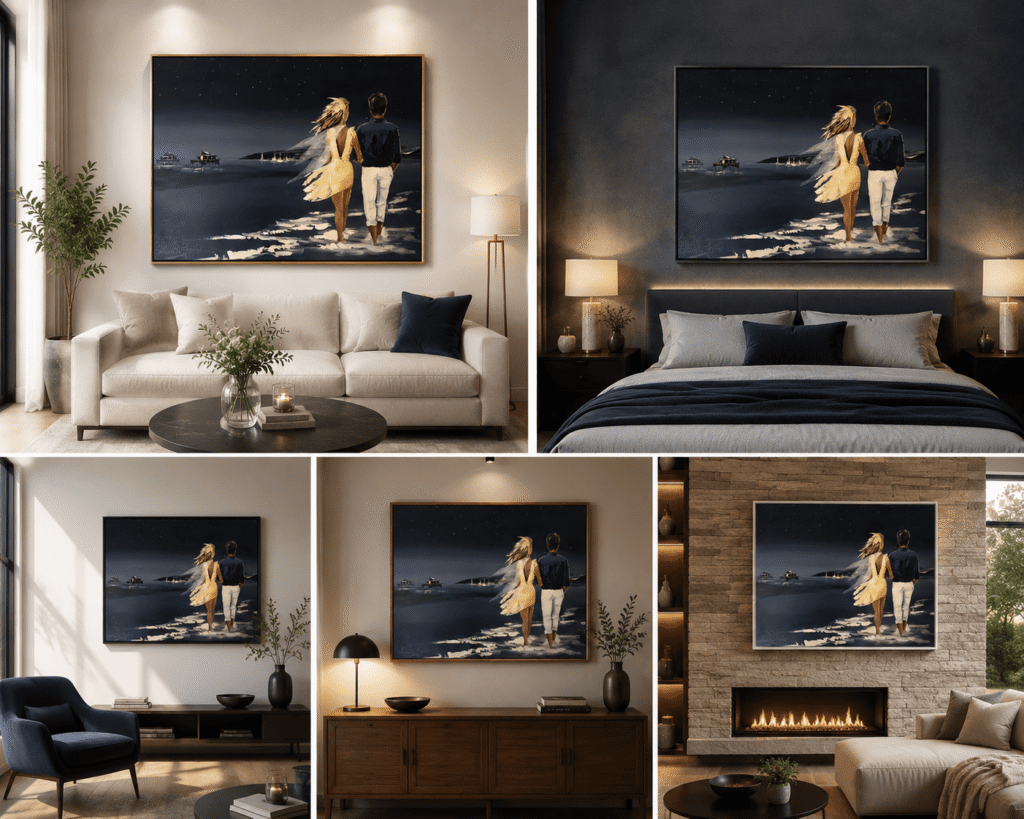 Croisière – Deux âmes sœurs se cherchent – peinture originale de Svitlana Loguinoff Gryshko représentant un couple réuni sur une plage du Bassin d'Arcachon sous un ciel étoilé, symbole du destin et de l'amour.