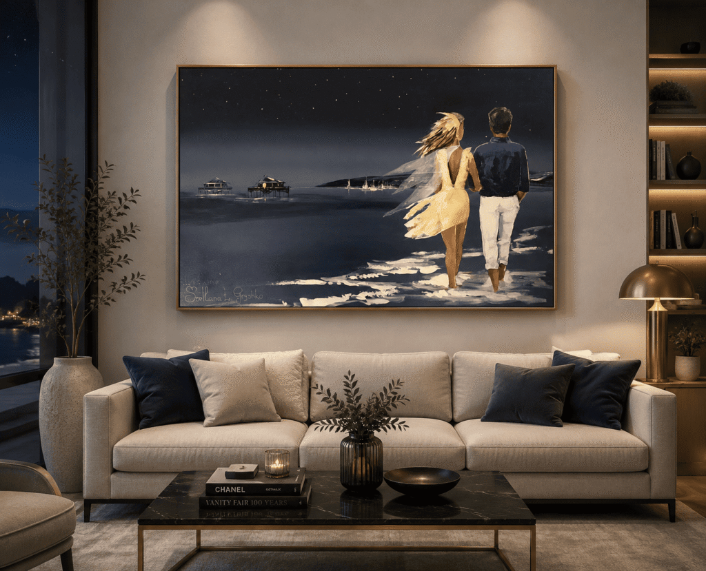 Croisière – Deux âmes sœurs se cherchent – peinture originale de Svitlana Loguinoff Gryshko représentant un couple réuni sur une plage du Bassin d'Arcachon sous un ciel étoilé, symbole du destin et de l'amour.
