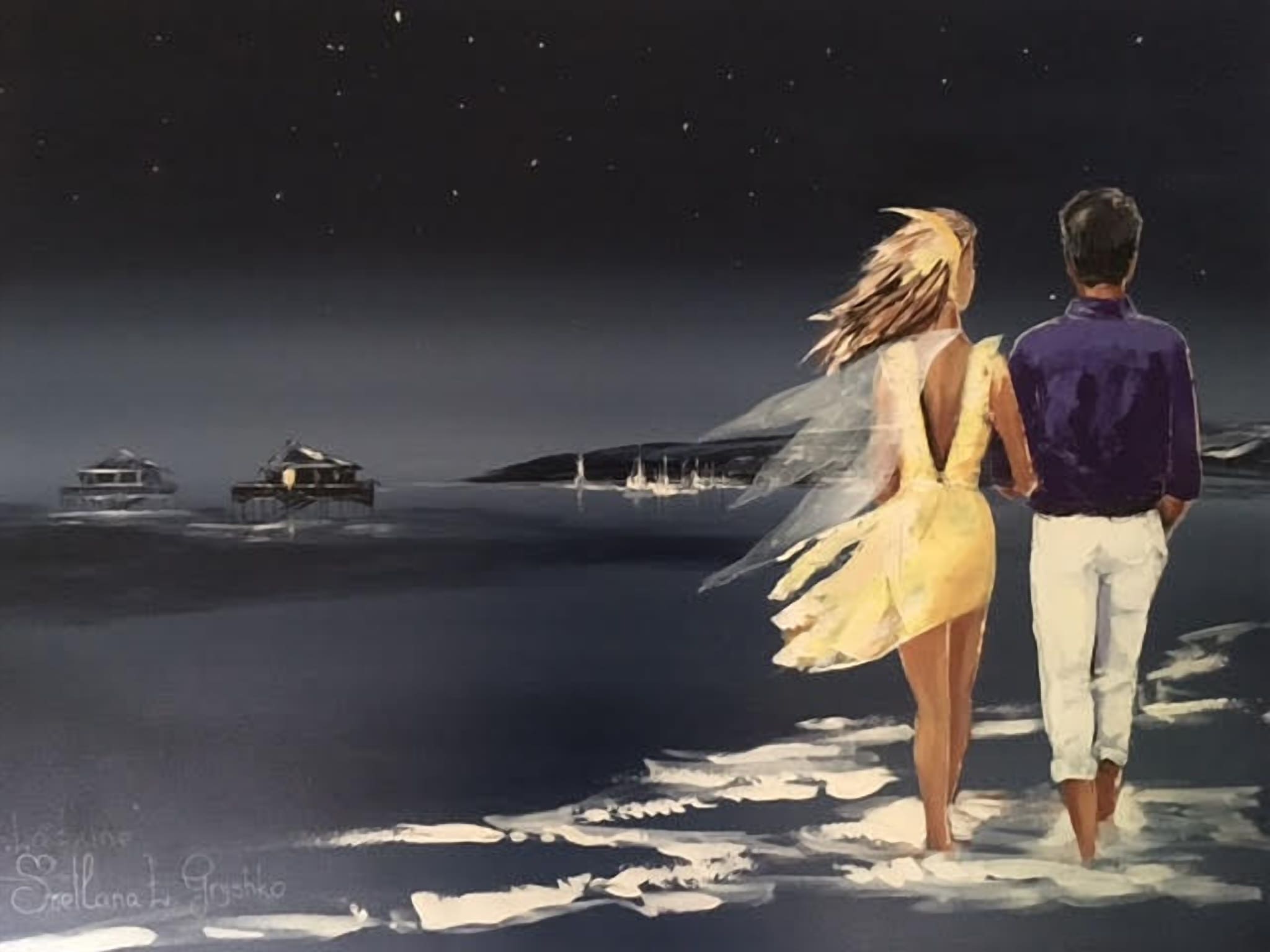 Croisière – Deux âmes sœurs se cherchent – peinture originale de Svitlana Loguinoff Gryshko représentant un couple réuni sur une plage du Bassin d'Arcachon sous un ciel étoilé, symbole du destin et de l'amour.