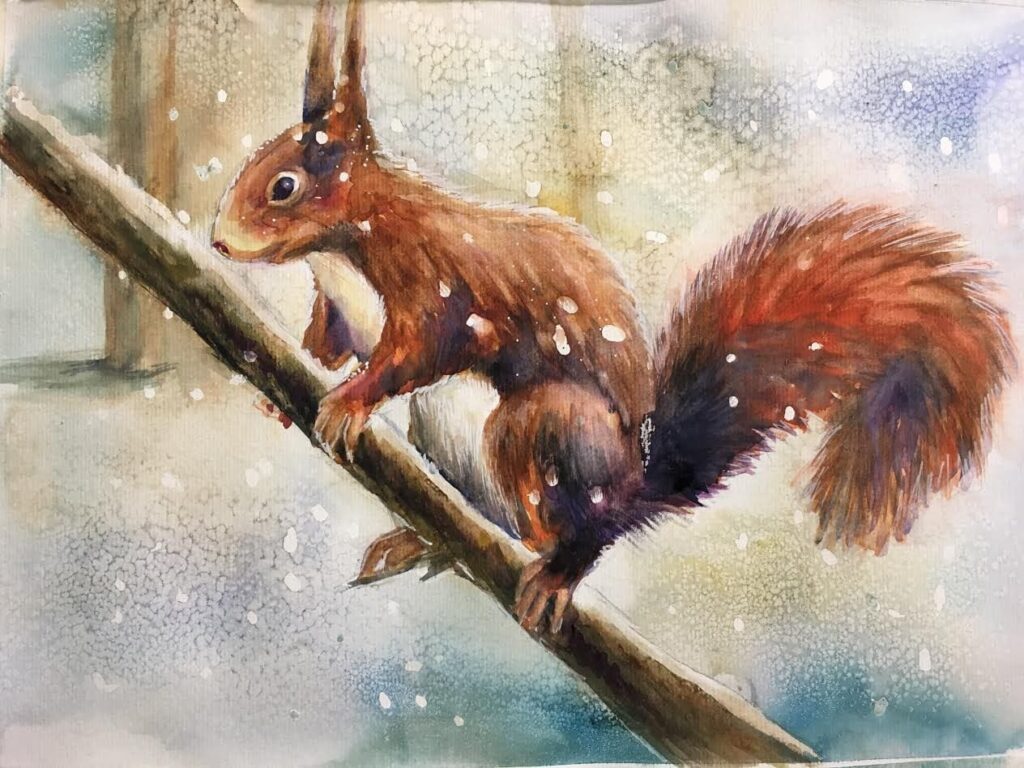 Tableau Un écureuil en hiver de Svitlana Loguinoff Gryshko représentant un écureuil roux sur une branche enneigée dans une forêt hivernale, peinture animalière originale.