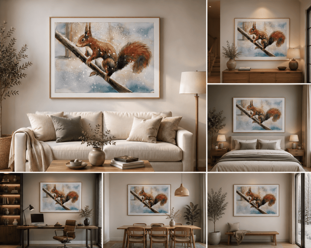 Tableau Un écureuil en hiver de Svitlana Loguinoff Gryshko représentant un écureuil roux sur une branche enneigée dans une forêt hivernale, peinture animalière originale.