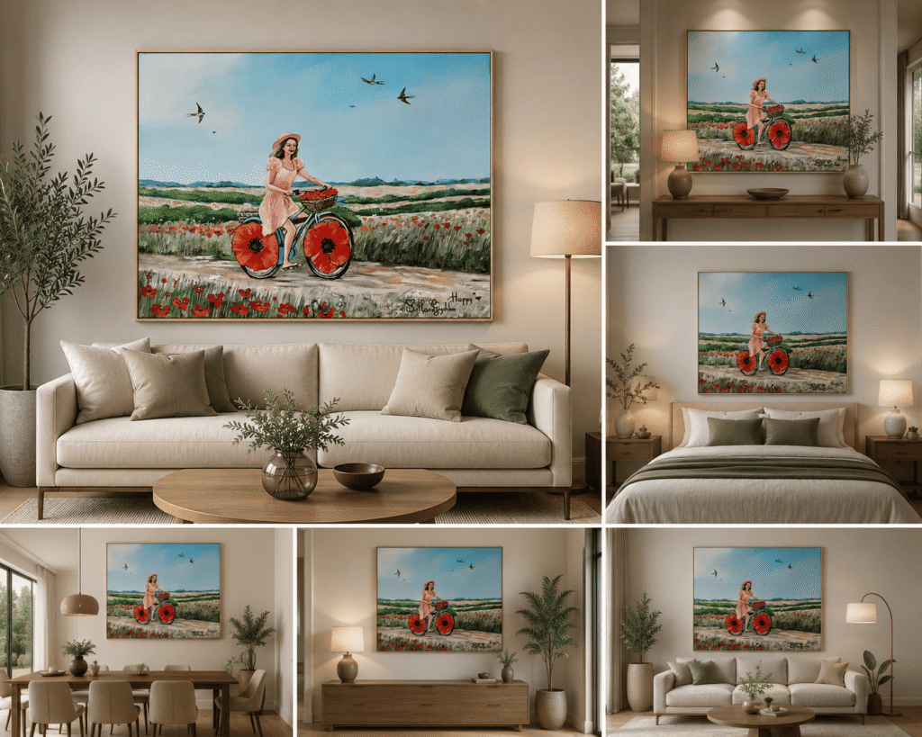 Tableau "Happy" de Svitlana Loguinoff Gryshko représentant une jeune femme à vélo traversant un champ de coquelicots, sous un ciel d'été, symbole de liberté, de joie et de bonheur.
