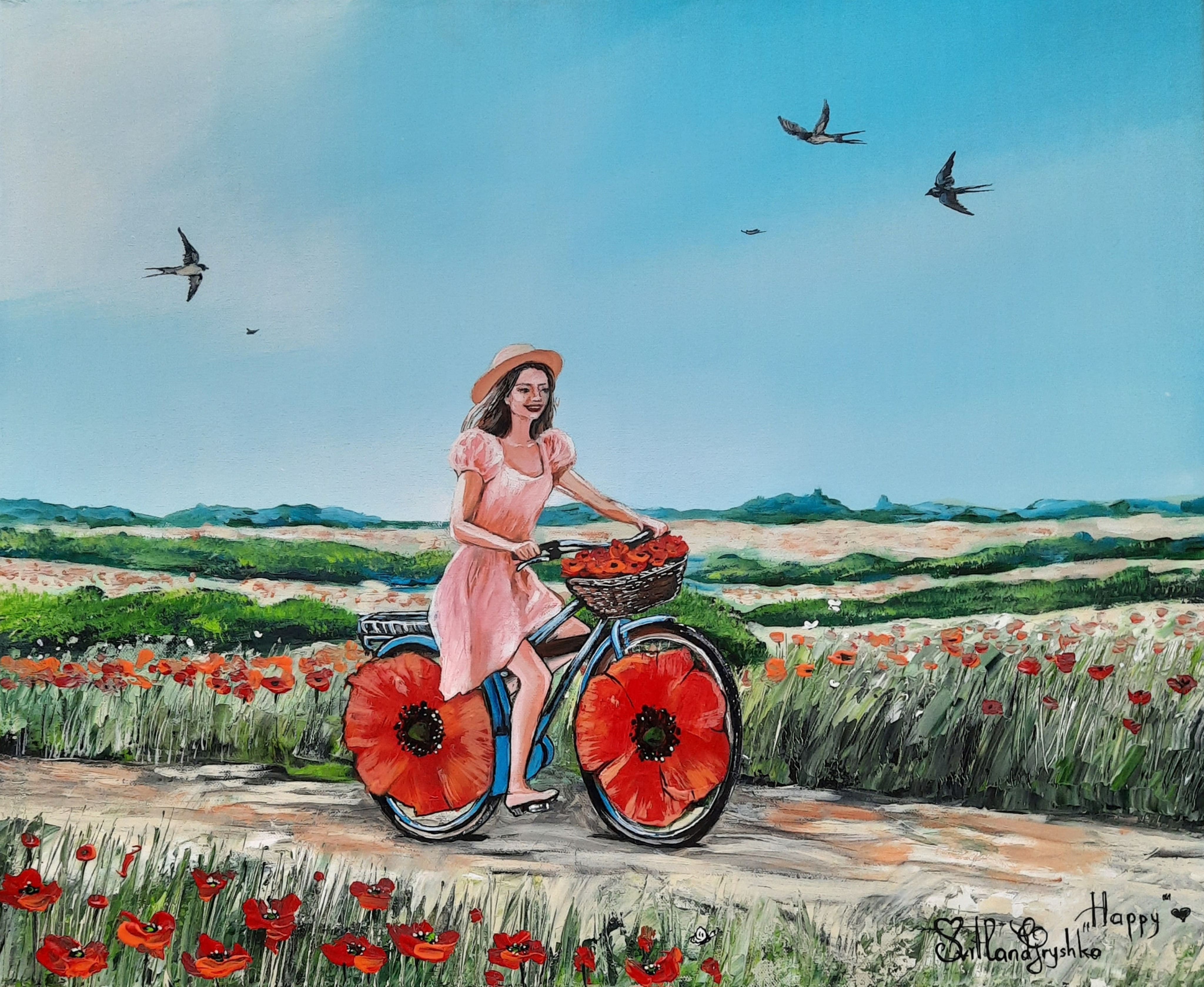 Tableau "Happy" de Svitlana Loguinoff Gryshko représentant une jeune femme à vélo traversant un champ de coquelicots, sous un ciel d'été, symbole de liberté, de joie et de bonheur.