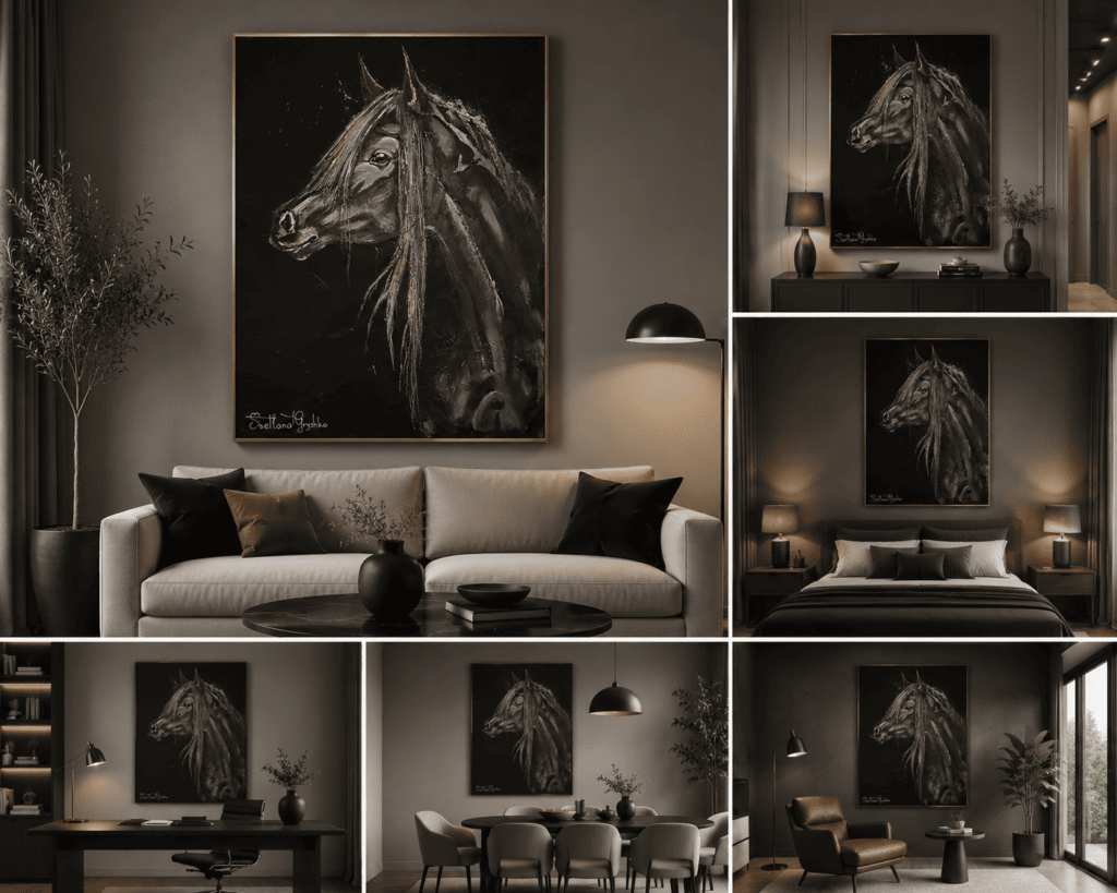Tableau "La Dignité" de Svitlana Loguinoff Gryshko représentant le portrait d'un cheval gris au regard fier, peint à l'acrylique avec reliefs au plâtre, symbole de noblesse, de liberté et de puissance.