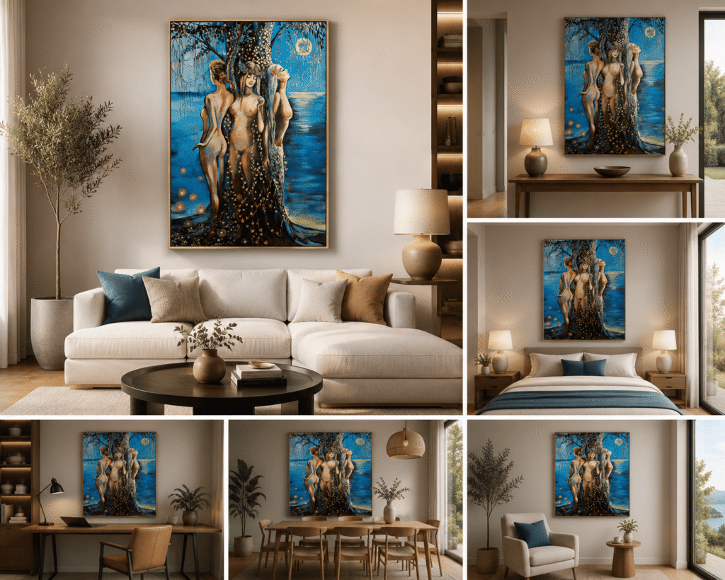 La Forêt enchantée – peinture originale de Svitlana Loguinoff Gryshko représentant trois nymphes surgissant d'un arbre magique au bord de la mer sous la pleine lune, dans un univers féerique et onirique.