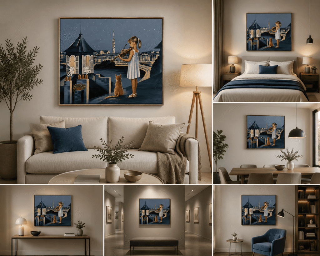 Explorez La Musique, un tableau original de Svitlana Loguinoff Gryshko célébrant Bordeaux, son patrimoine, le violon et la poésie des nuits étoilées.