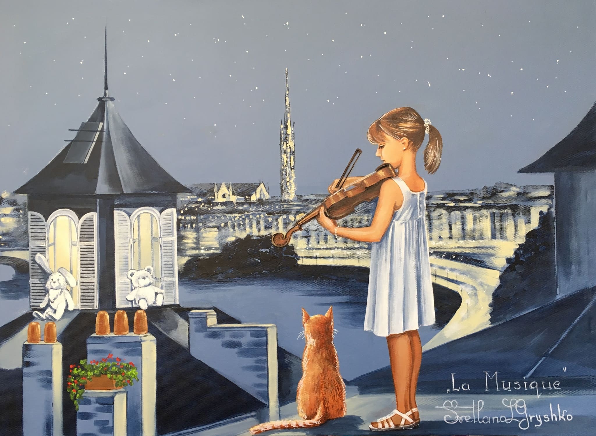 Explorez La Musique, un tableau original de Svitlana Loguinoff Gryshko célébrant Bordeaux, son patrimoine, le violon et la poésie des nuits étoilées.