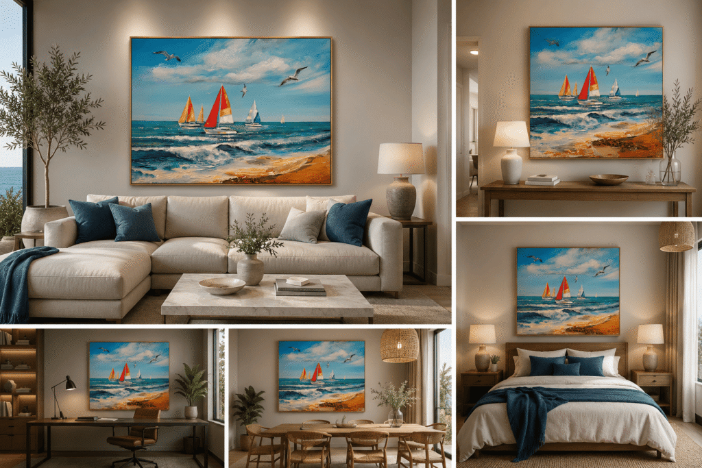 La Régate – Le bateau rouge – tableau original de Svitlana Loguinoff Gryshko représentant des voiliers aux voiles rouges, jaunes et bleues naviguant sur l’océan, avec des vagues en relief, des mouettes et un ciel lumineux, peinture contemporaine à l’acrylique.