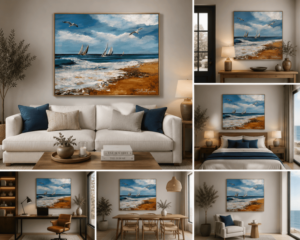 La Régate – tableau original de Svitlana Loguinoff Gryshko représentant des voiliers naviguant sur l’océan, avec des vagues en relief, des mouettes et un ciel lumineux, peinture contemporaine à l’acrylique.