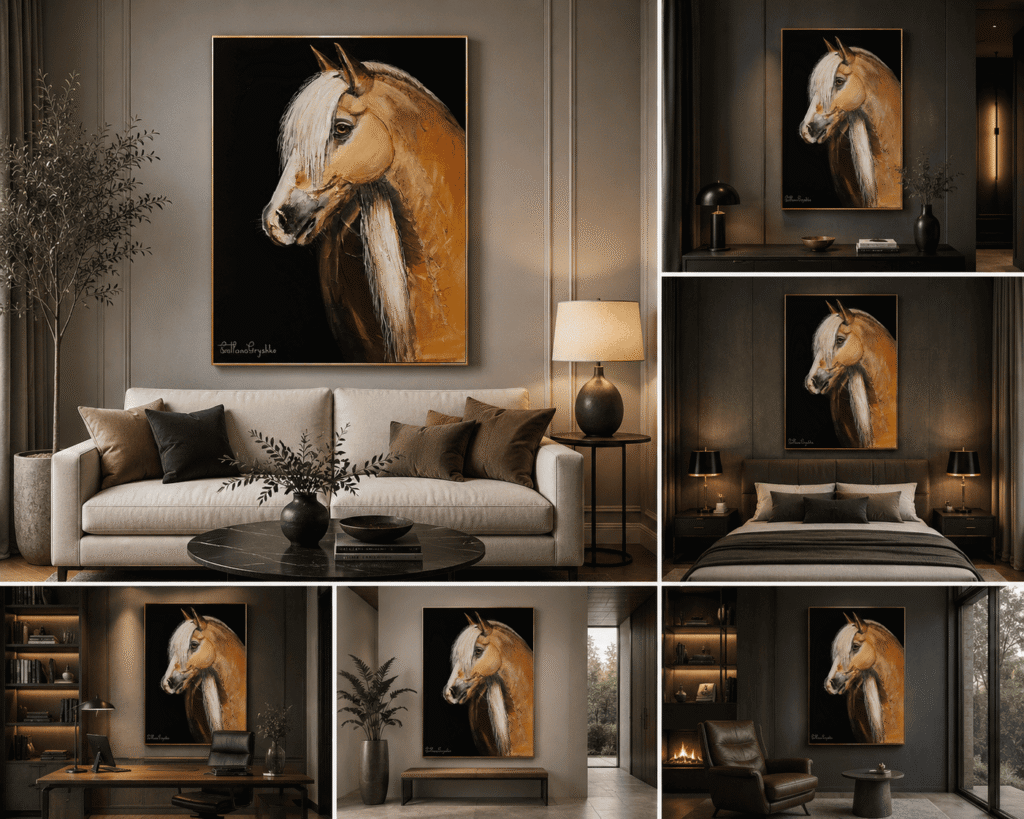 Tableau "La Tendresse" de Svitlana Loguinoff Gryshko représentant le portrait d'un cheval alezan à la crinière claire, peint au couteau avec un travail de matière et un regard empreint de douceur.