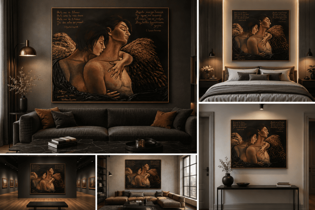 L'amour fait pousser des ailes – peinture originale de Svitlana Loguinoff Gryshko représentant un couple enlacé aux ailes dorées, symbole d'amour, de tendresse et de liberté dans une composition romantique et poétique.