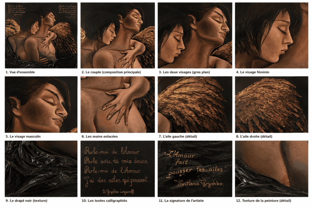 L'amour fait pousser des ailes – peinture originale de Svitlana Loguinoff Gryshko représentant un couple enlacé aux ailes dorées, symbole d'amour, de tendresse et de liberté dans une composition romantique et poétique.