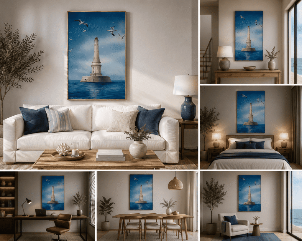 Tableau original « Le phare de Cordouan » de Svitlana Loguinoff Gryshko représentant le célèbre phare de Cordouan dans l'estuaire de la Gironde sous un ciel bleu avec des mouettes.