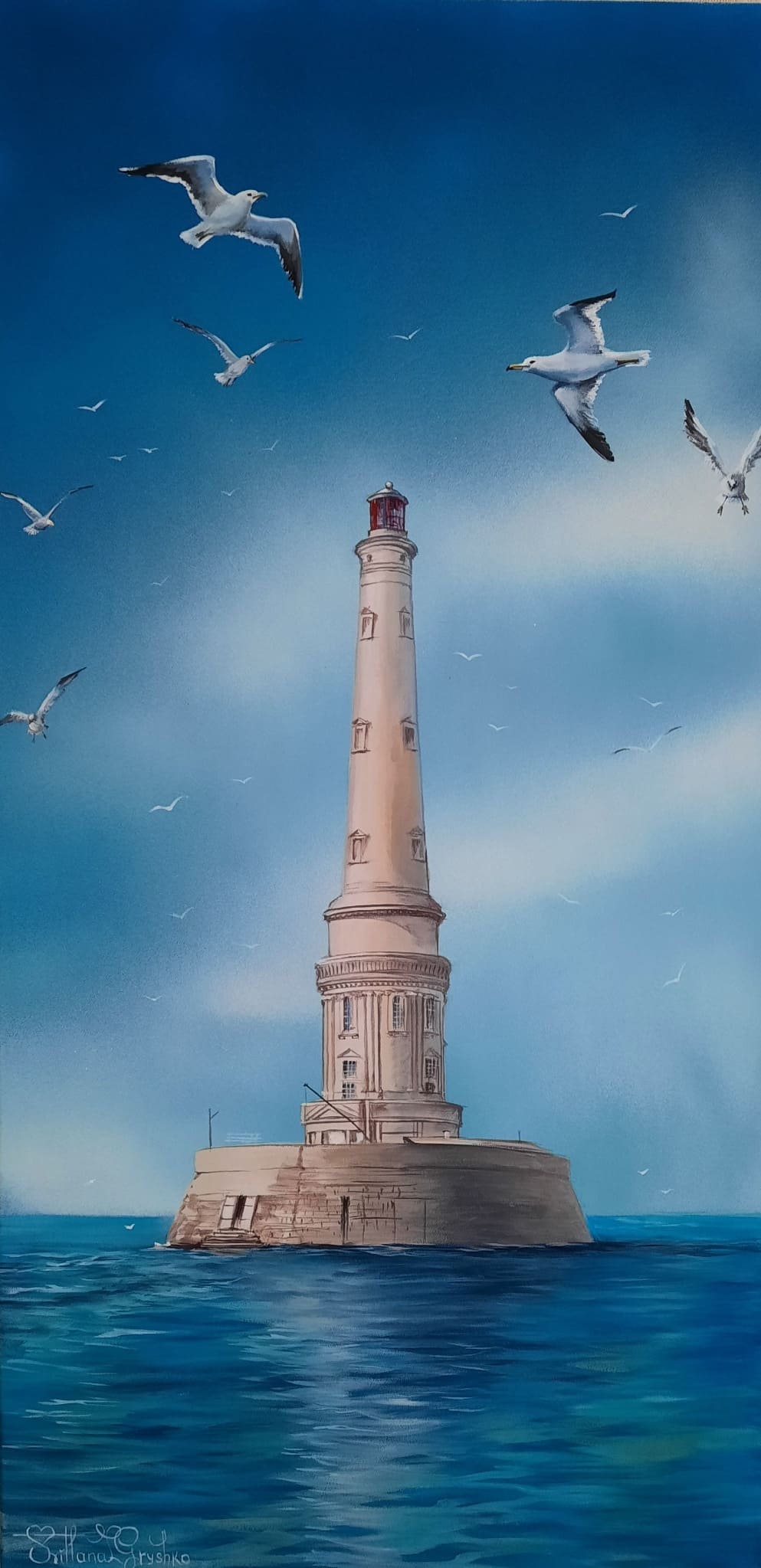 Tableau original « Le phare de Cordouan » de Svitlana Loguinoff Gryshko représentant le célèbre phare de Cordouan dans l'estuaire de la Gironde sous un ciel bleu avec des mouettes.