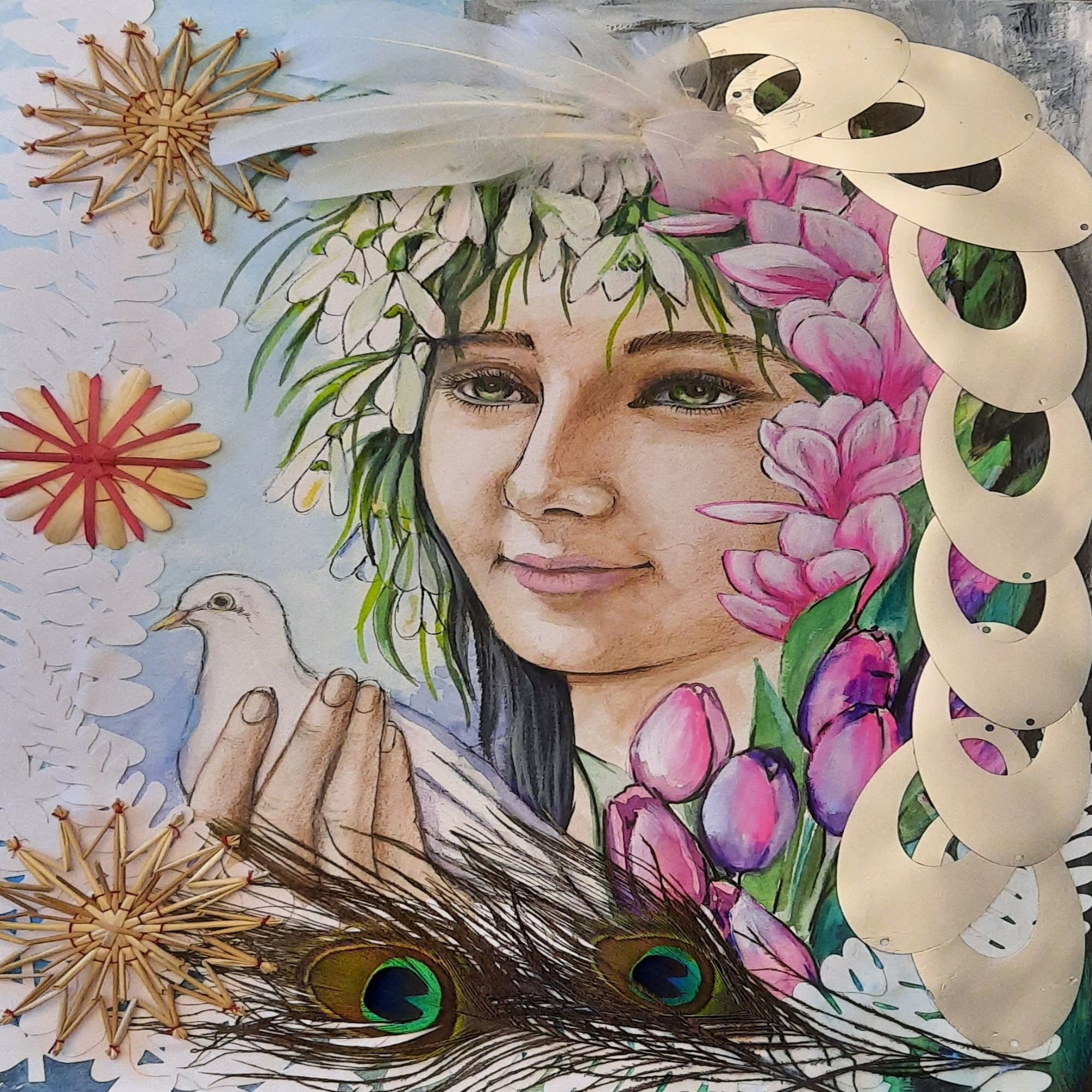 Tableau "Le Printemps" de Svitlana Loguinoff Gryshko représentant un portrait féminin entouré de fleurs printanières, tenant une colombe blanche, enrichi de plumes, bois décoratif et éléments naturels en relief.